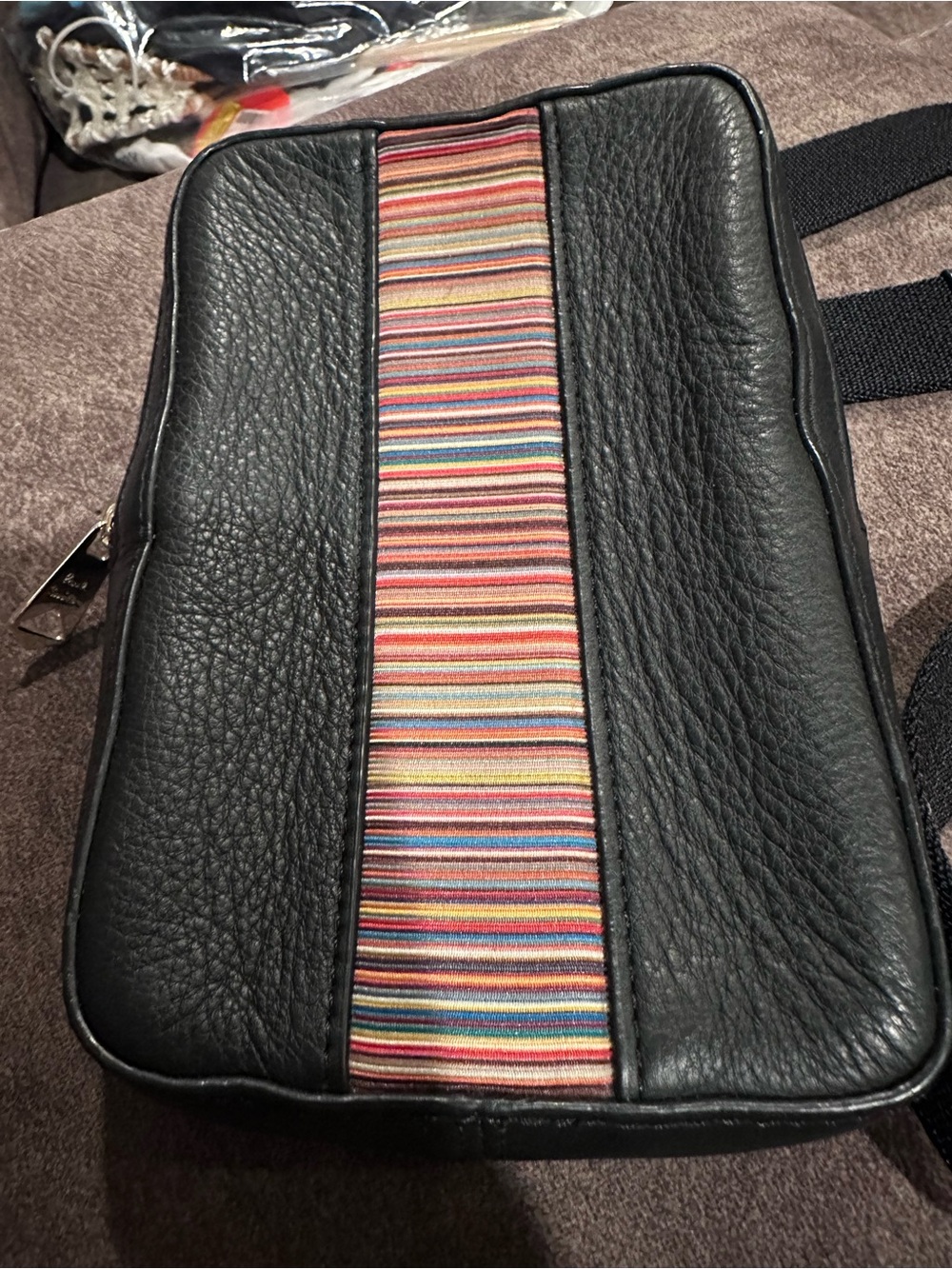 Paul Smith Black Leather Neck Pouch Bag with Multicolor Stripe